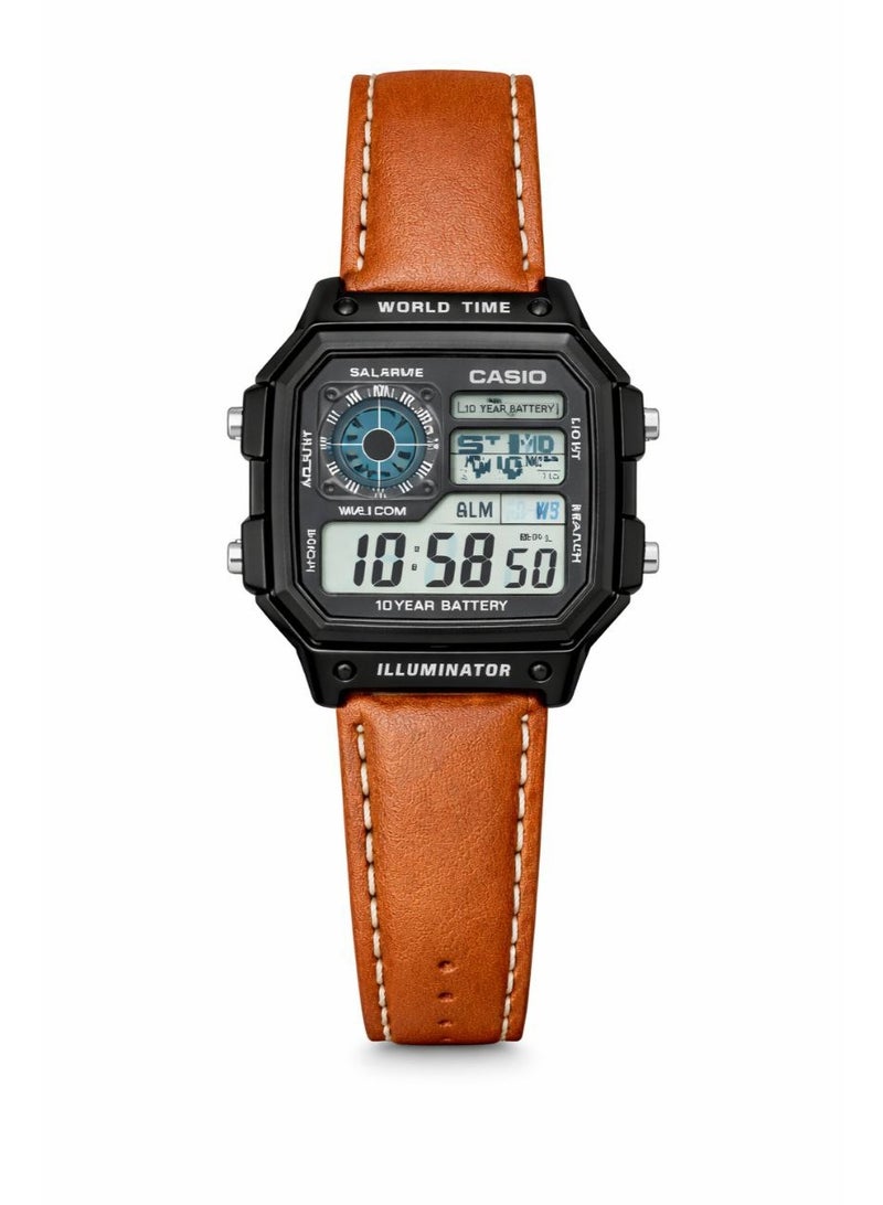 ساعة كاسيو رقمية بتوقيت عالمي مع سوار جلد بني وعلبة سوداء